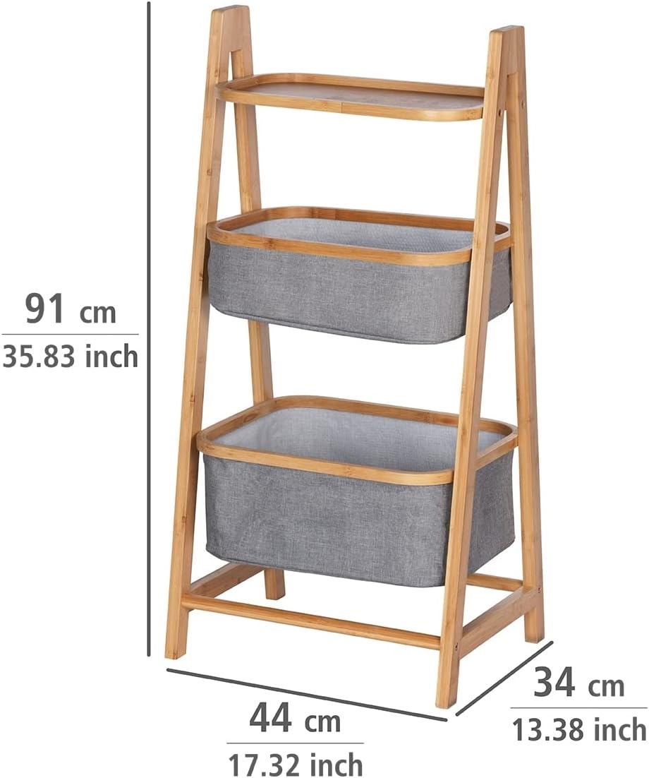 Diagram showing the dimensions of the WENKO Bahari Shelving Unit: 17.32 inches (44 cm) width, 13.39 inches (34 cm) depth, and 35.83 inches (91 cm) height.