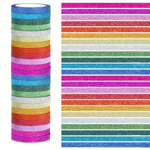 24 Rolls Glitter Washi Tape 5mm Thin Colored Masking Tape Set Washi Tapes Set Metallic Foil Sparkly Decorative Craft Tapes Metallic Foil Glitter Decorative Crafttape for Journal DIY Crafts Book