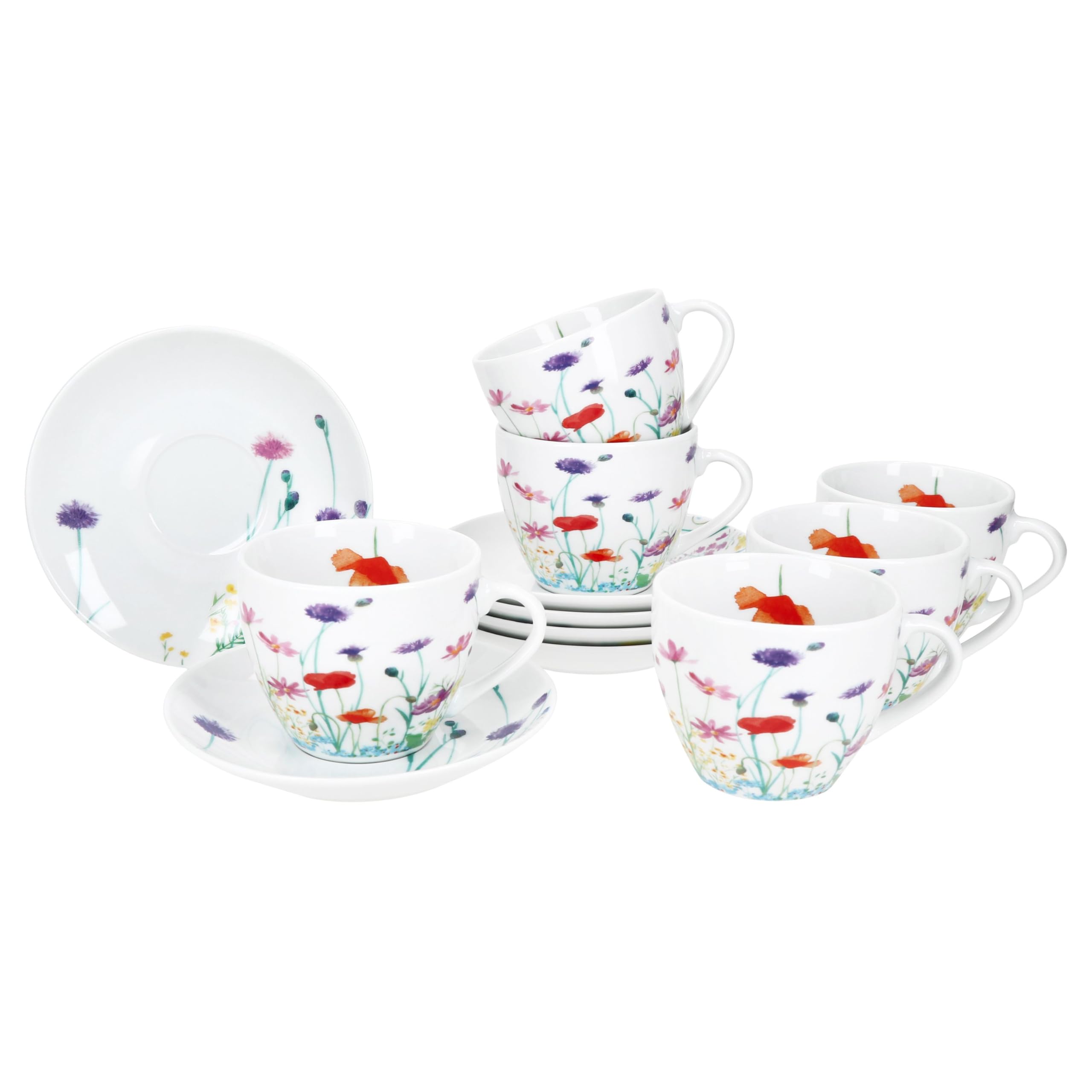 MamboCat Marie - Set di tazze da caffè con piattini per 6 persone, in porcellana con prato floreale, per colazione e caffè, 6 tazze da tè da 190 ml e piattini