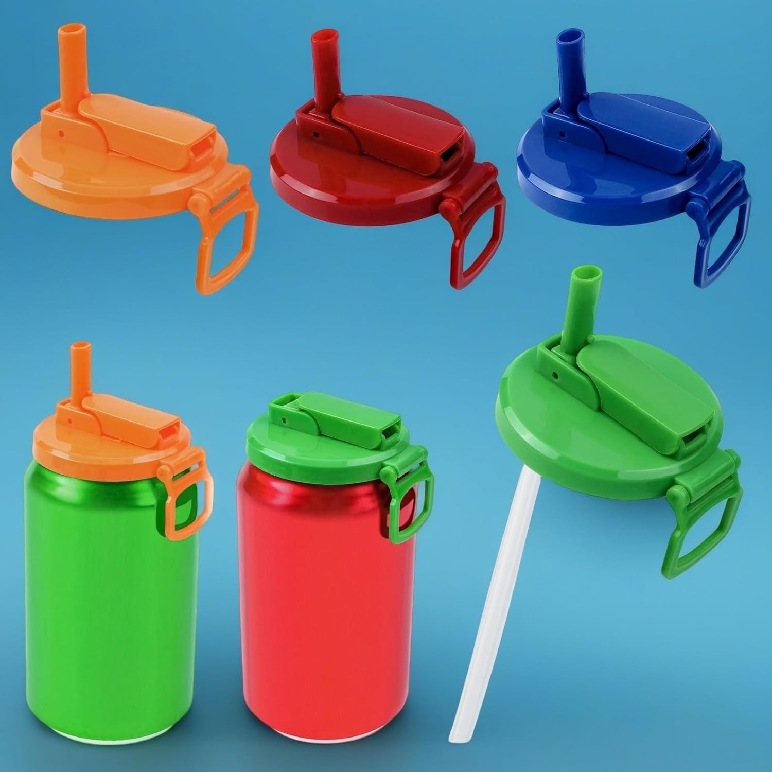 4 Pack Colorful Soda Can Lids with 8 Silicone Straws, Food-Grade Resuable Drink Covers for Standard Size Soda/Beer/Energy Drink Cans, Leak-Proof Seals for Parties, Picnic, Travel (Colour solid)