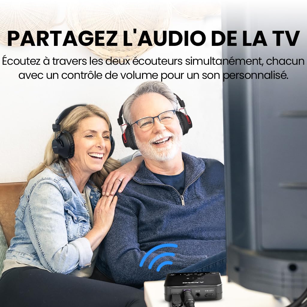 Avantree HT41899 Plus 2 – Dual Casque TV sans Fil Bluetooth 5.3 pour Television avec Transmetteur, Stations de Charge, aptX Adaptive et Latence Basse – Compatible Optique et AUX 3,5 mm