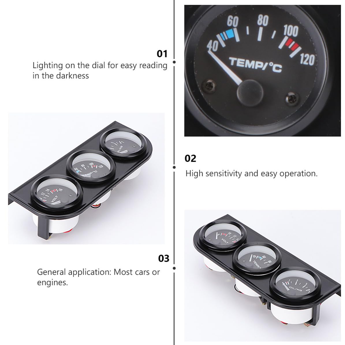 Operitacx Strumento 3in1 per Auto 52mm Sensore Temperatura Acqua e Manometro Pressione, Quadrante Nero in Metallo Illuminazione per Auto e Moto