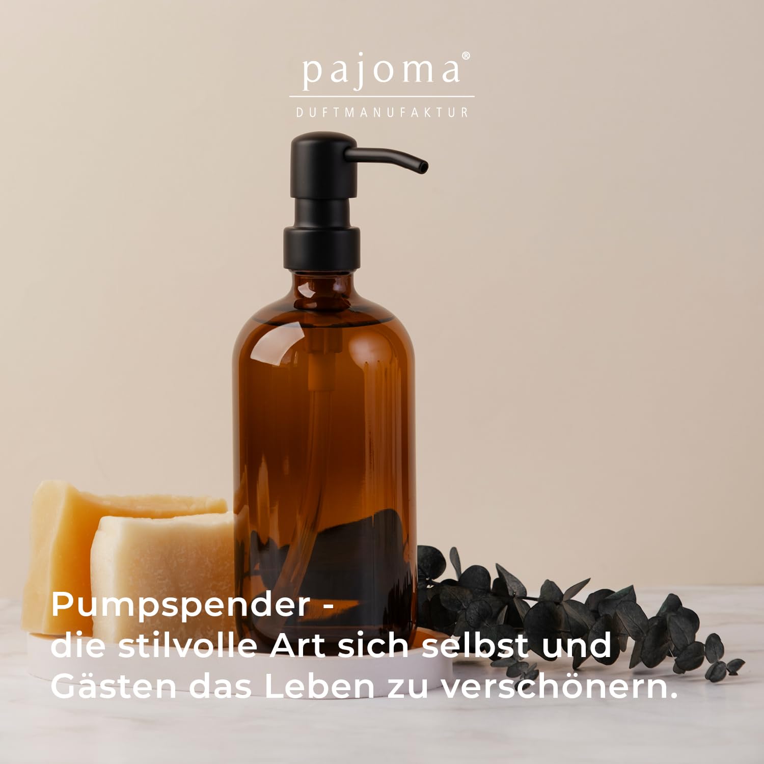Pajoma 8X Seifenspender 500 ml aus Glas - Braunglasflasche | Ø 8.5 x 21 cm - mit schwarzem Pumpkopf | Stilvoller Spülmittelspender, Handseifenspender & Pumpspender - ideal für Küche, Bad und Dusche