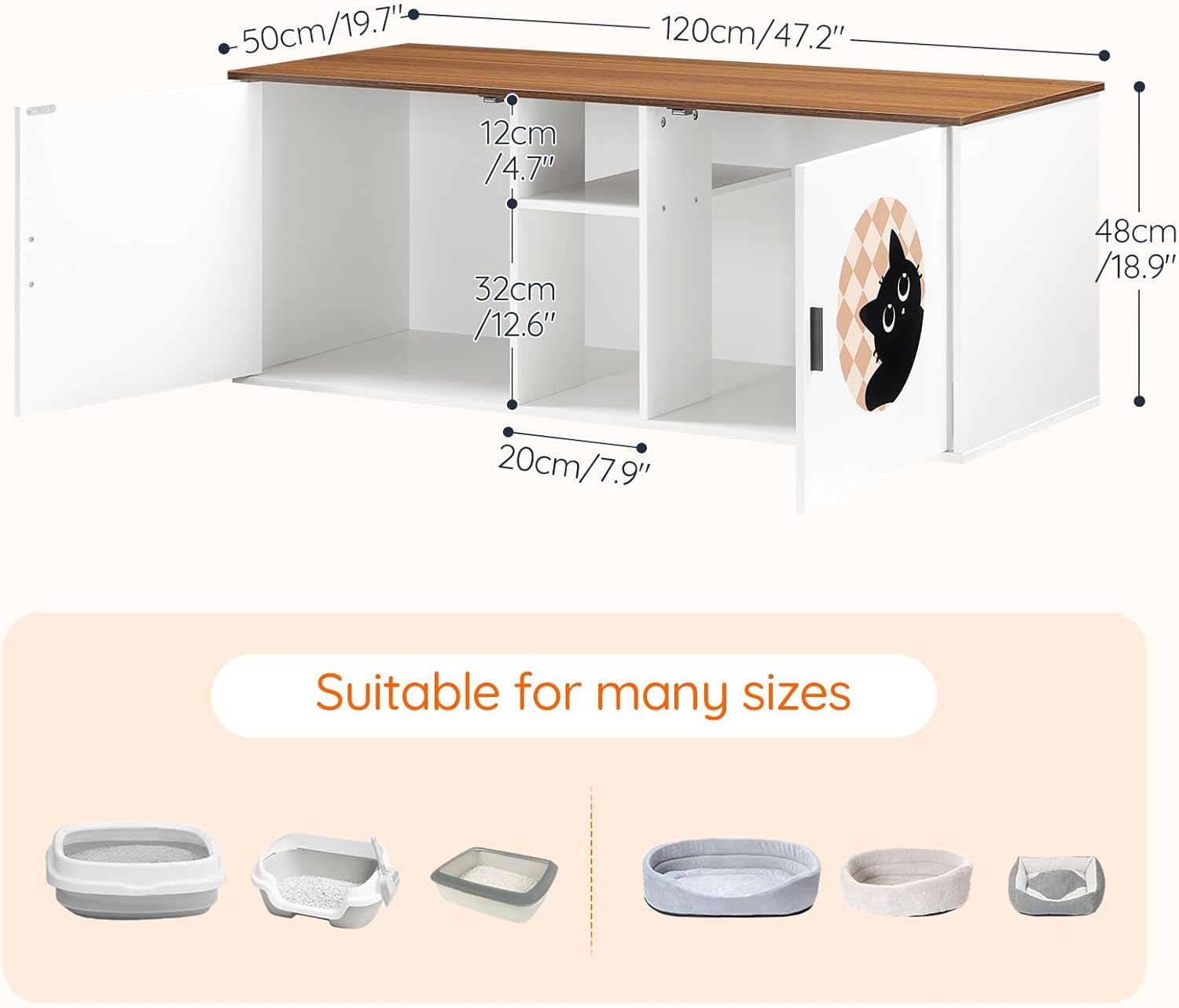 HOOBRO Double Litter Box Enclosure with Cute Cat Patterns and Middle Storage, Cat Litter Box Furniture for 2 Cats, 47.2" L x 19.7" W x 18.9" H, Litter Box Furniture Cabinet, White and Walnut WH25MW01