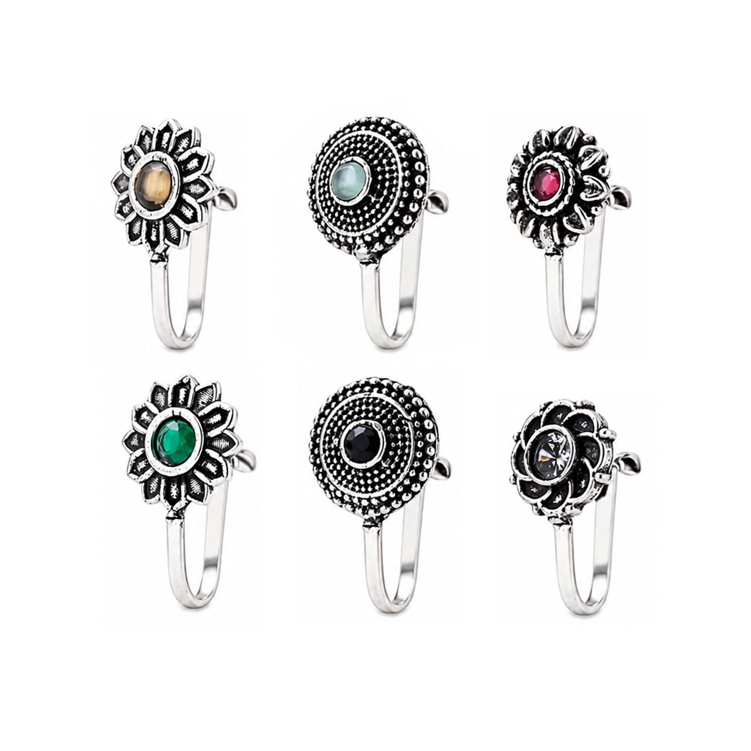 vama FASHIONS Traditional Maharashtrian Without Piercing Nath Nosering Pressing Type Clip on Oxidised Silver nose pin Stud for women-picture-32