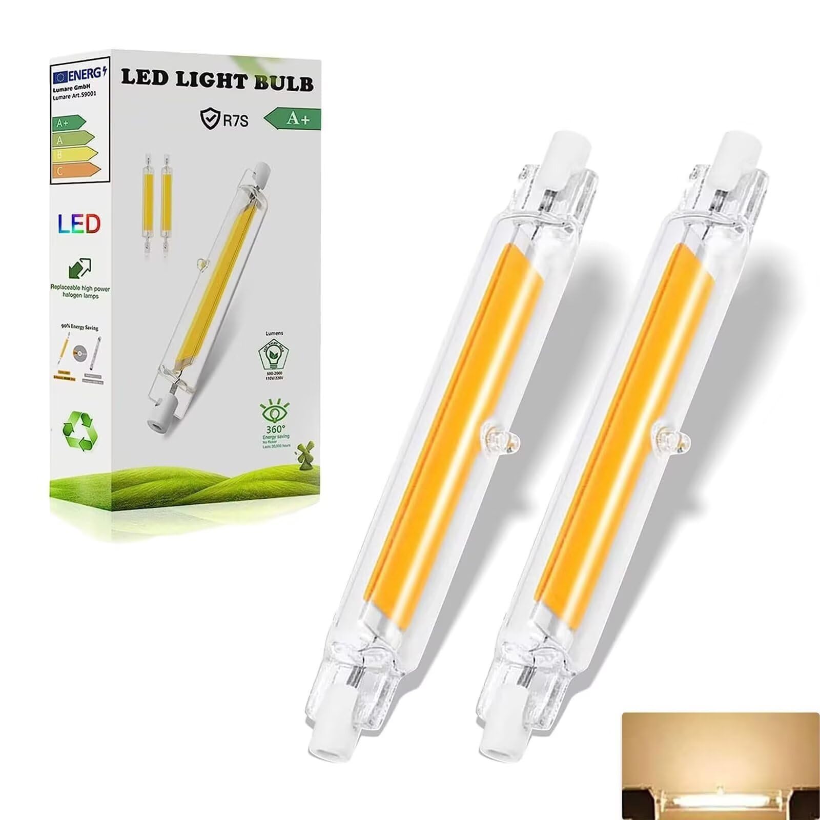 Dvnoua R7S LED Bulb 118mm 20W Dimmable (100W Equivalent), R7S Bulb 118mm LED Dimmable Warm White 3000K 2000LM, Flicker-Free, 360° Light Angle, Energy Saving R7s Floodlight, 2 Pack