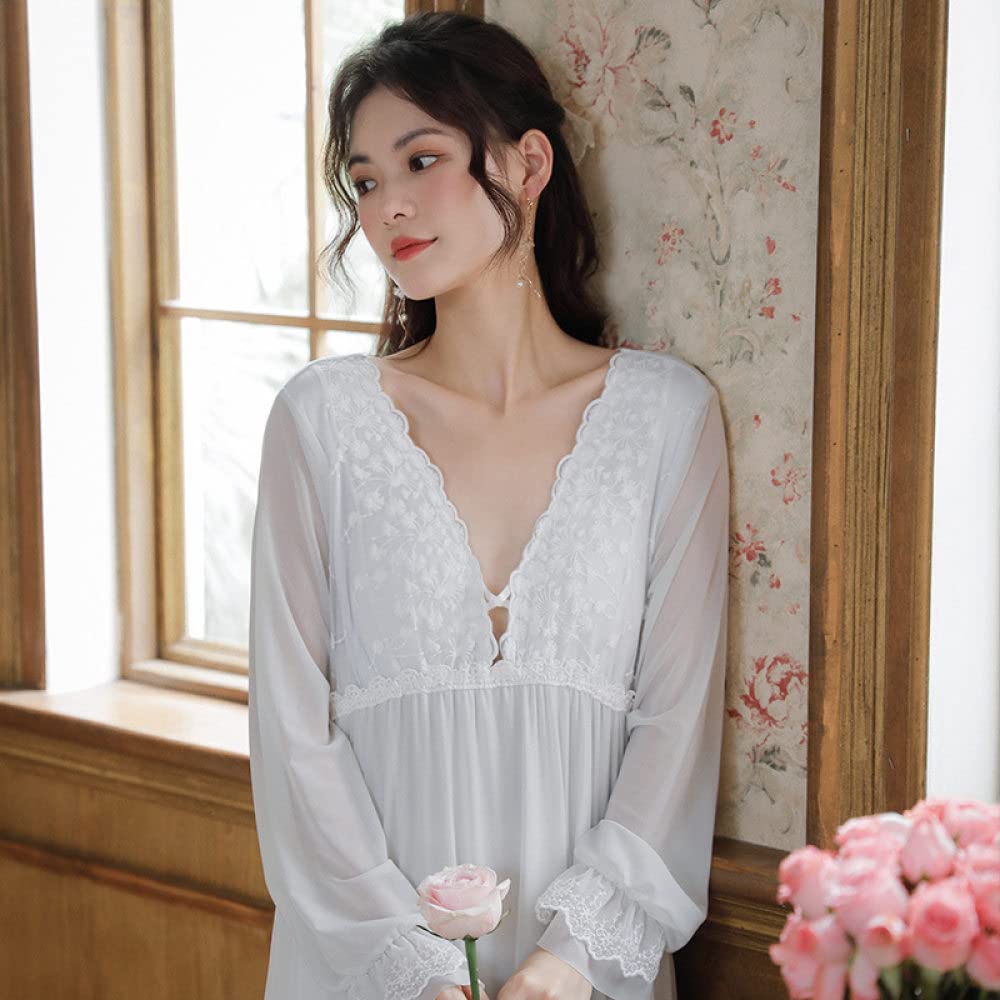 Nachthemd Damen Sexy,Damen-Nachthemden, Weißes V-Ausschnitt, Florales Spitzennetz, Elegantes Schlafhemd, Weiches, Bequemes, Langärmliges Nachthemd, Nachtwäsche, Loungewear Für Damen, Mädchen, P