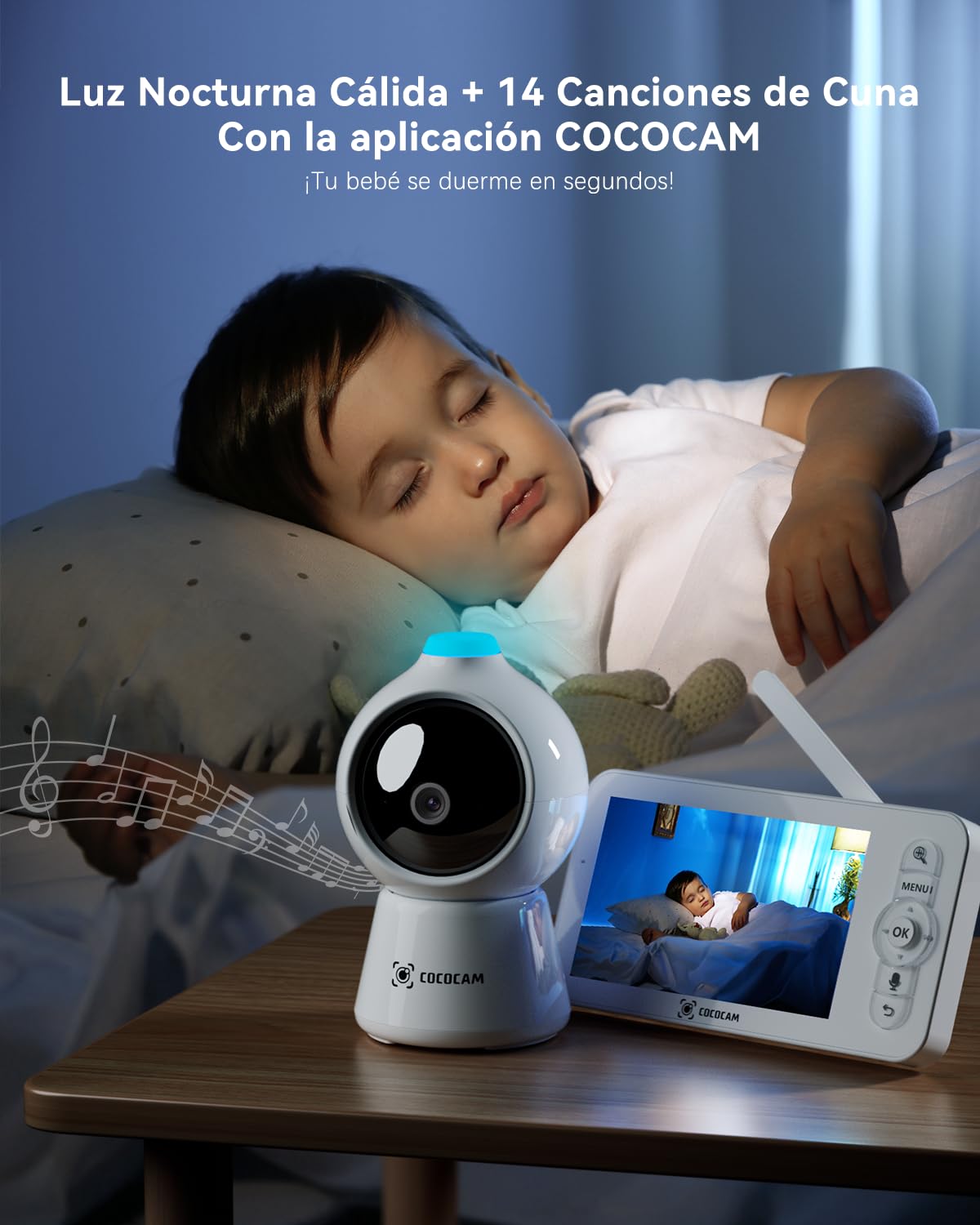 COCOCAM 2K 4MP IA Camara Vigilancia Bebe con 5" Pantalla 2,4G/5GHZ WiFi | Detección Cara Tapada, Álbum Tiempo Inteligente, Seguimiento Automático, Detección llanto, Encriptación, Visión Nocturna IR