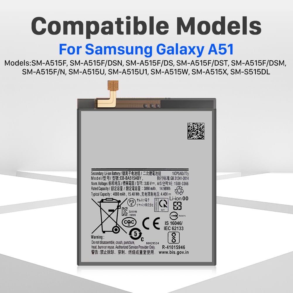 Bateria do Samsung Galaxy A51, EB-BA515ABY wewnętrzna bateria zamienna o dużej pojemności do Samsung Galaxy A51 SM-A515F SM-A515F/DS, z zestawem narzędzi naprawczych