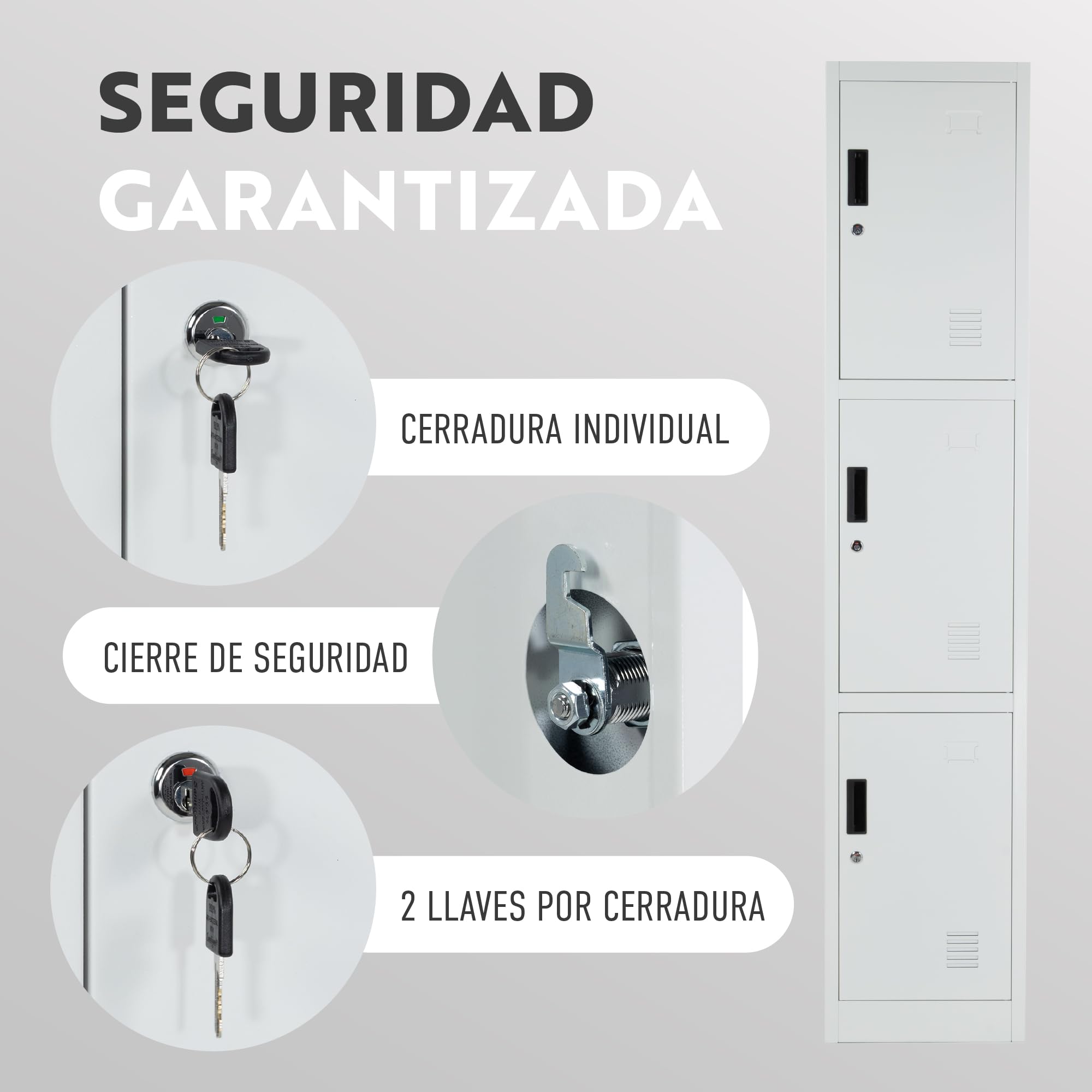 Taquilla Vestuario metálica 3 Puertas Blanca RAL 9016-185x38x45 cm con Cerradura - Incluye Llave | Armario metálico Estrecho para Garaje, Oficina, Gimnasio, Vestuario, Locker Individual