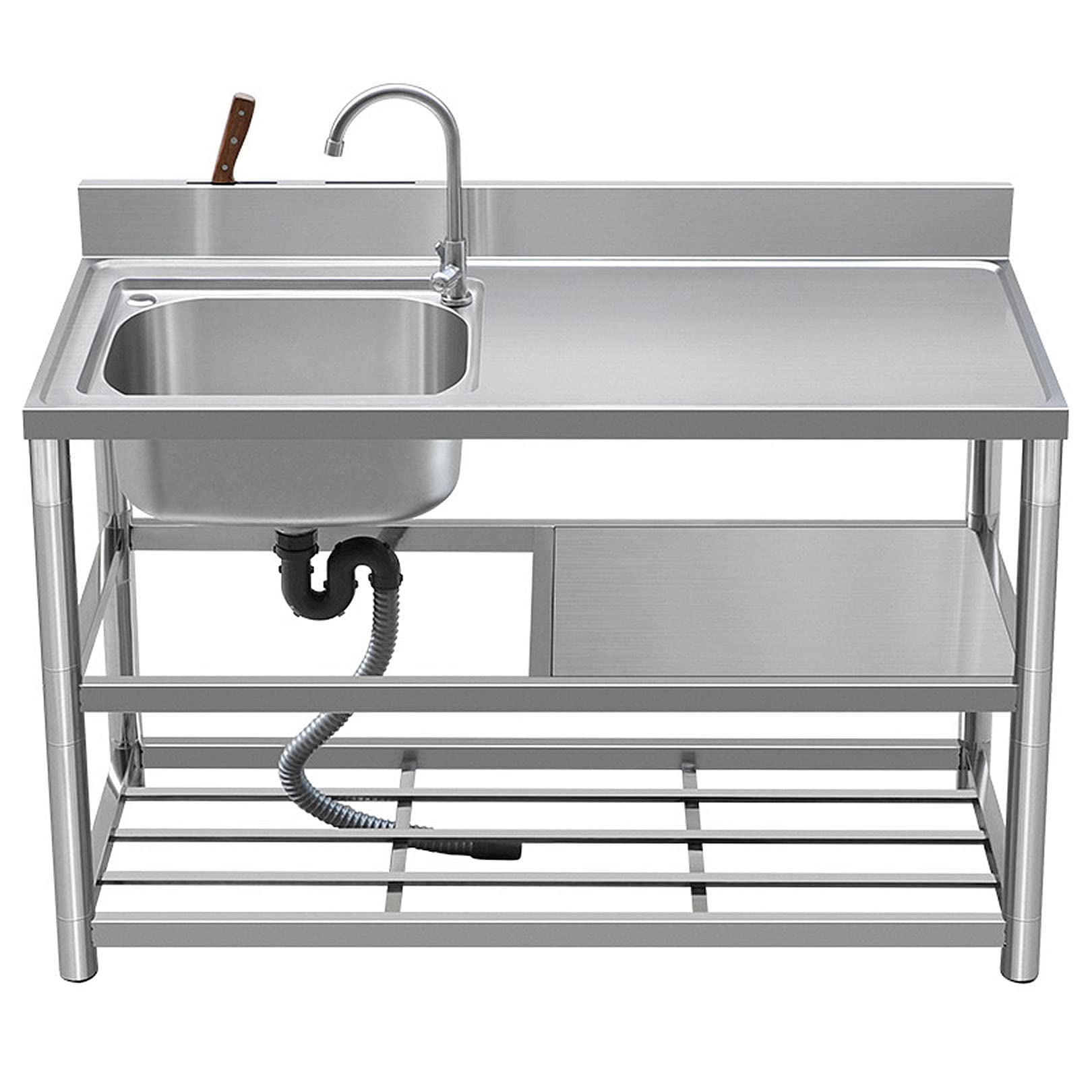 Kitchen Single Sink with Workbench, Stainless Steel Vegetable Sink with Stand, Floor-Standing Household Sink, 2-Layer Shelf