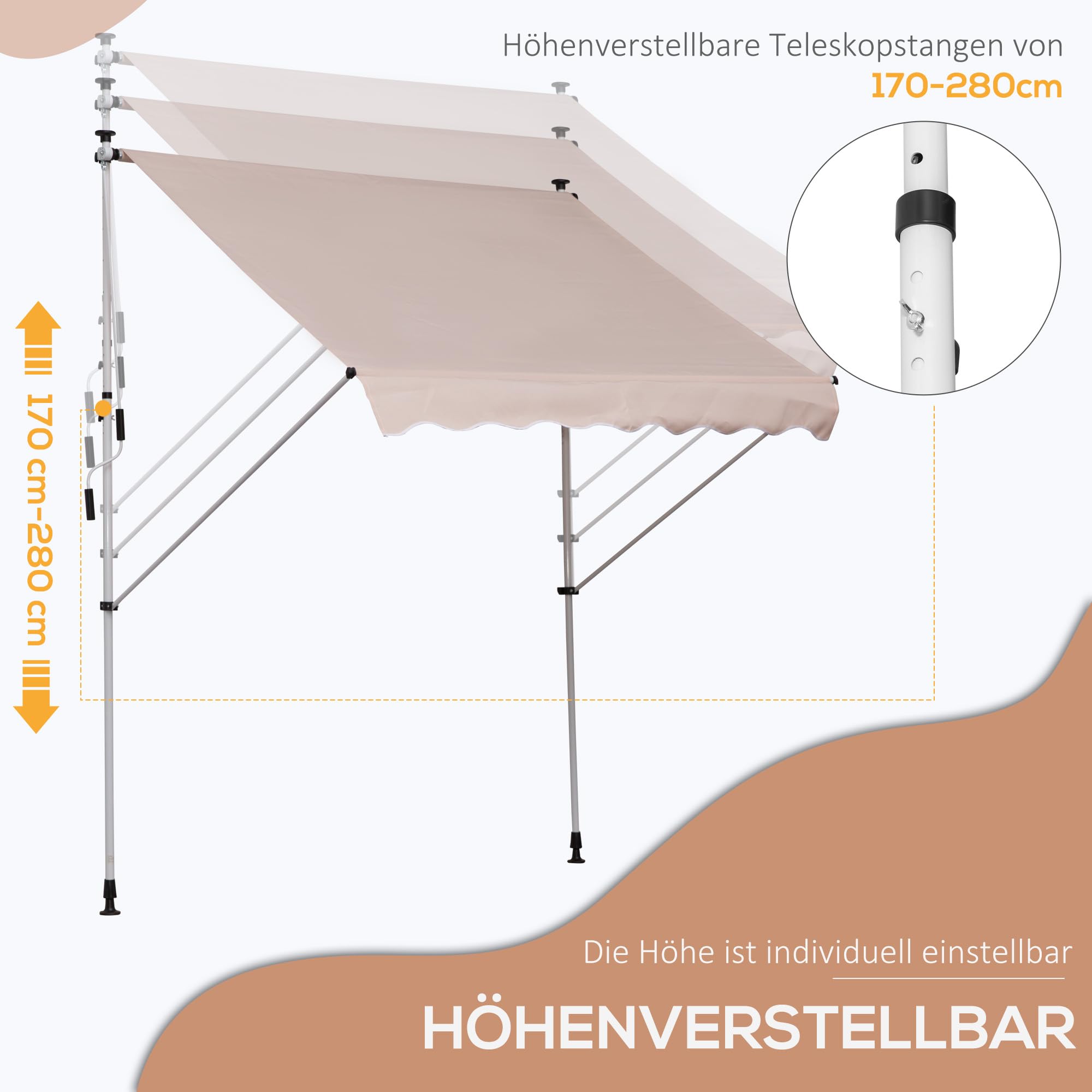 Outsunny Sonnensegel 2x1,5 M Mit Kurbel & Teleskoprahmen – Verstellbare Außenmarkise Weiß (Polyester)