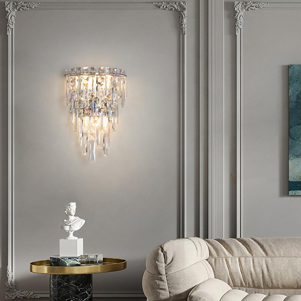Aplique de pared de cristal cromado para chimenea Lámparas de pared de cristal modernas Iluminación de pared de pasillo de lujo interior Lámpara montada en la pared del dormitorio para sala de