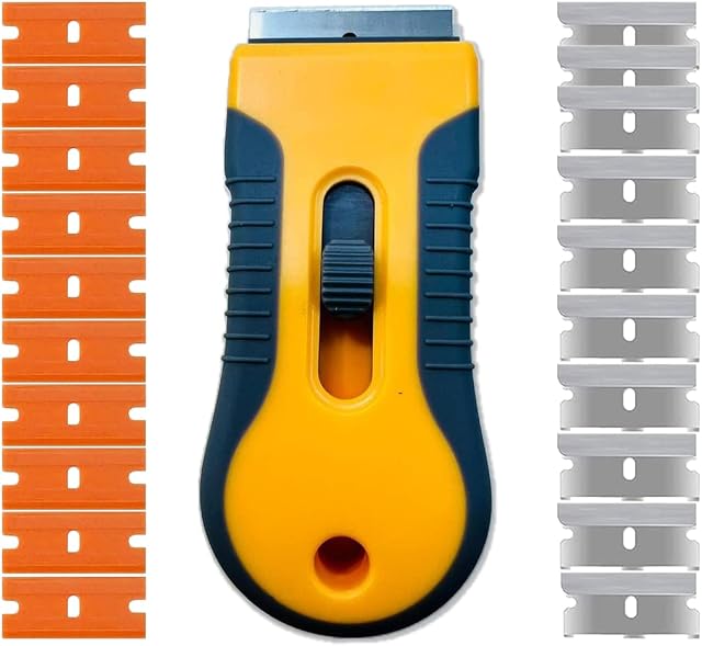 Ptrout Scraper for Glass & Floor Cleaning Non Scratch Oven Glass Cleaning, Hob Scrapers for Stovetop Sticky Material Comes with 20 Steel & Plastic Replacements Paint, Sticker Remover Super Scrapper