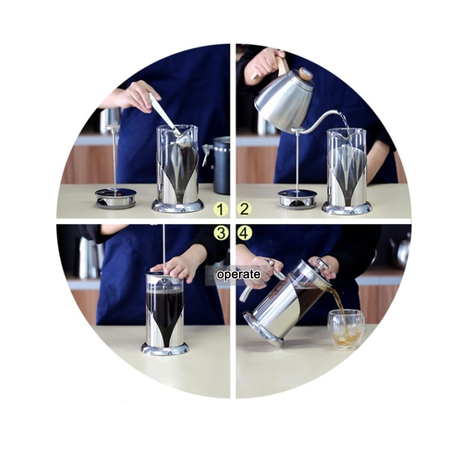 Cafetera Émbolo,Cafetera Francesa De Acero Inoxidable De 304 Grados Con 3 Filtros,Vidrio Borosilicato Cafetera De Piston Tetera,Resistente Al Calor Duradera,Soporte Extraíble Para Una Fácil Limpieza