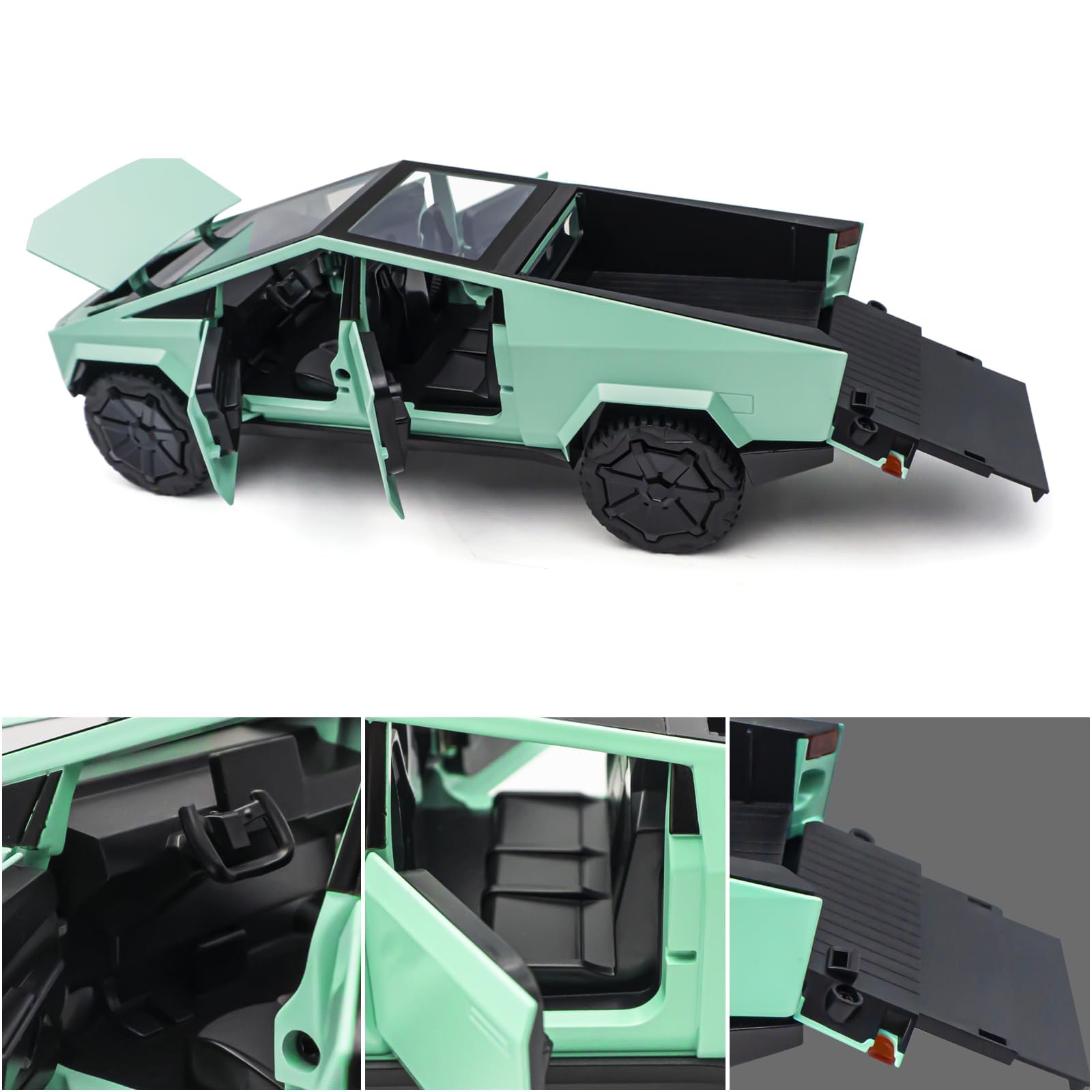 Tesla Cybertruck Modelo de Coche 1:24 Camiones de Juguete de Metal Fundido a Presión con luz y Sonido, Mini Vehículo de Juguete para Niños a Partir de 3 Años (Verdes,Equipado con Moto de Playa)