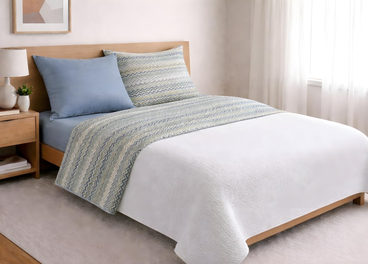 BIANCHERIAWEB Completo Lenzuola Letto in 100% Cotone Rigato Zig Zag Disegno Baia Maxi Verde