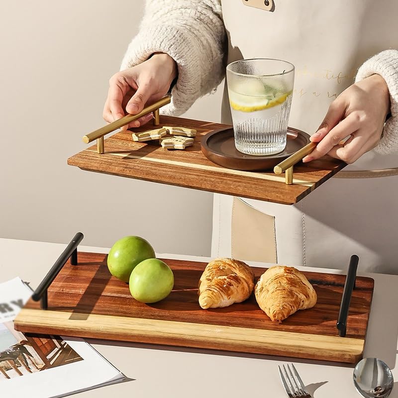 Bandeja para Servir de Madera de Acacia Japonesa, Bandeja de Desayuno de Madera Maciza con asa, Bandeja para té de la Tarde, Bandeja de Postre Retro, bandejas para Comer en el Regazo (BS)