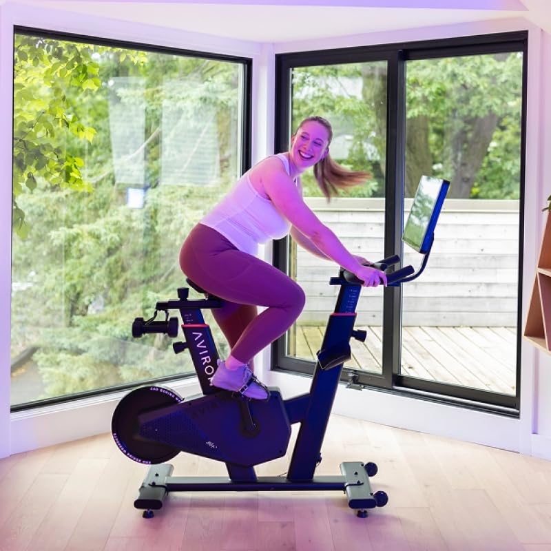 Image of Aviron Fit Bike Touring Edition with 22 inch HD Touchscreen. Access to Game-Based Workouts, Streaming, and Classes. 1500W Electromagnetic Resistance, Freewheel, Compact Design, Black
