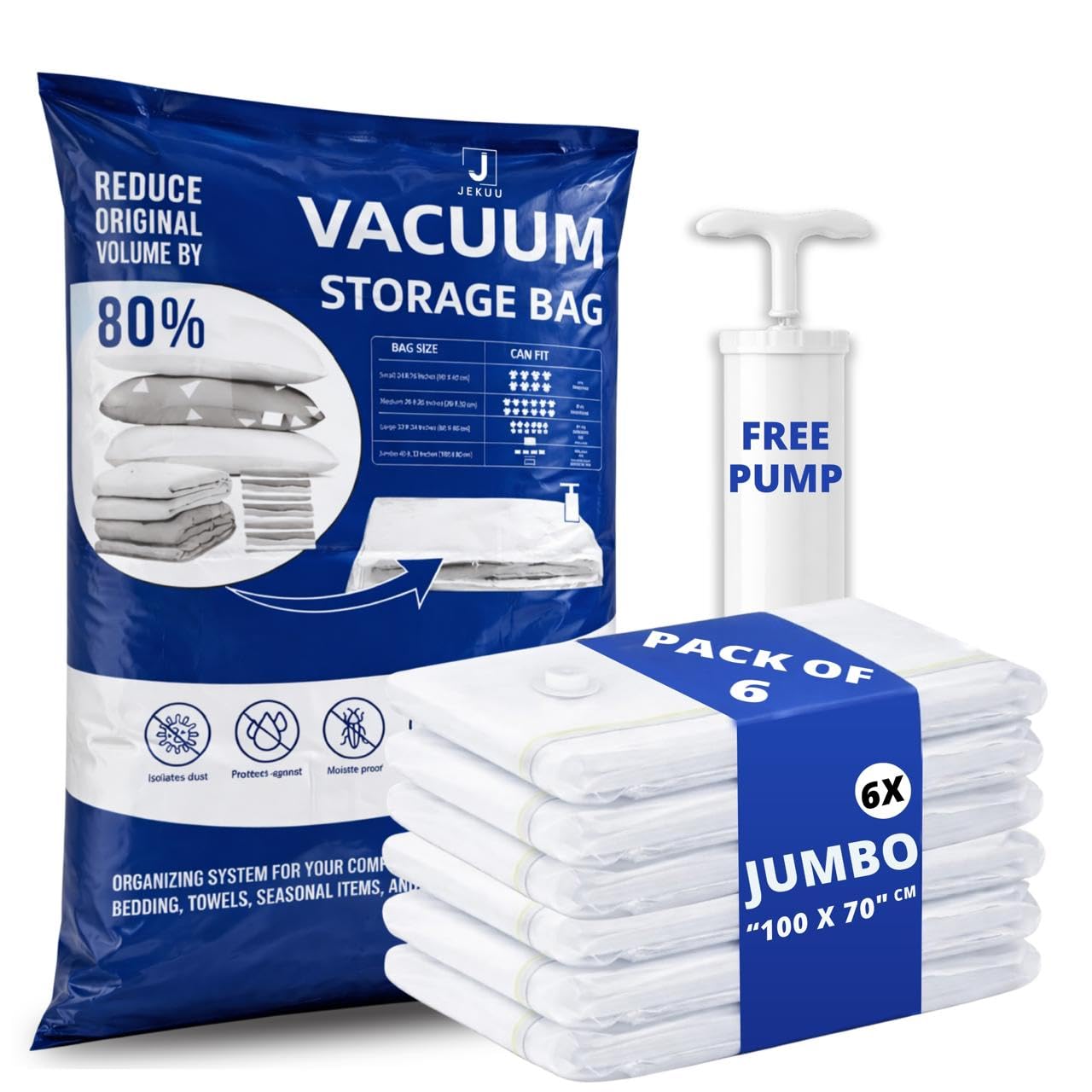 JEKUU Pack of 6 (Jumbo) Space Saver Vacuum Storage Bags with Hand Pump & Airtight Valve, Vacuum Compression Bags for Clothes, Bedding, Travel, Suitcase Storage, Duvets (6, Jumbo)