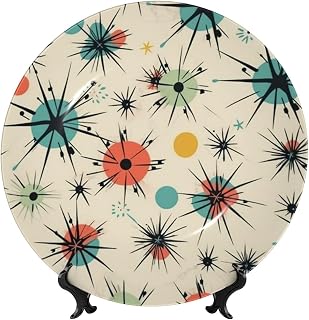 Bone China Decorative Plate Atomic Stars Retro Pattern Ceramic Dinner Plates with Display Stand Ceramic Ornaments Art Porcelain Plate for Home Office Wall Decor Collections Plates 7in