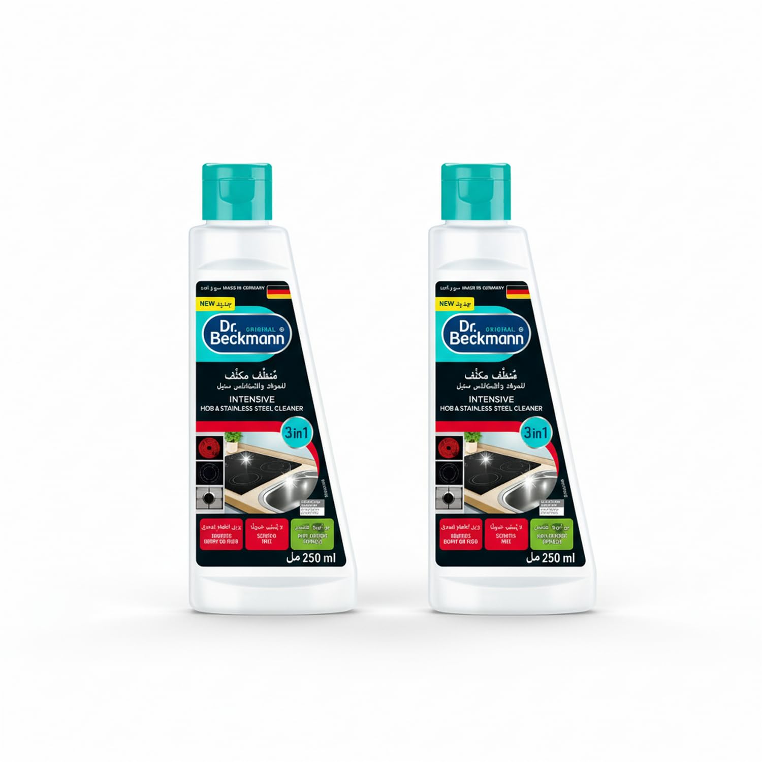 Dr. BeckmannCeramics, Gas & Halogen Hob Cleaner - Removes Burnt on Food - Also for Induction Hobs - Easy Clean with Silky Shine - With Mircrofine Activated Carbon - Made in Germany - 250ml x 2