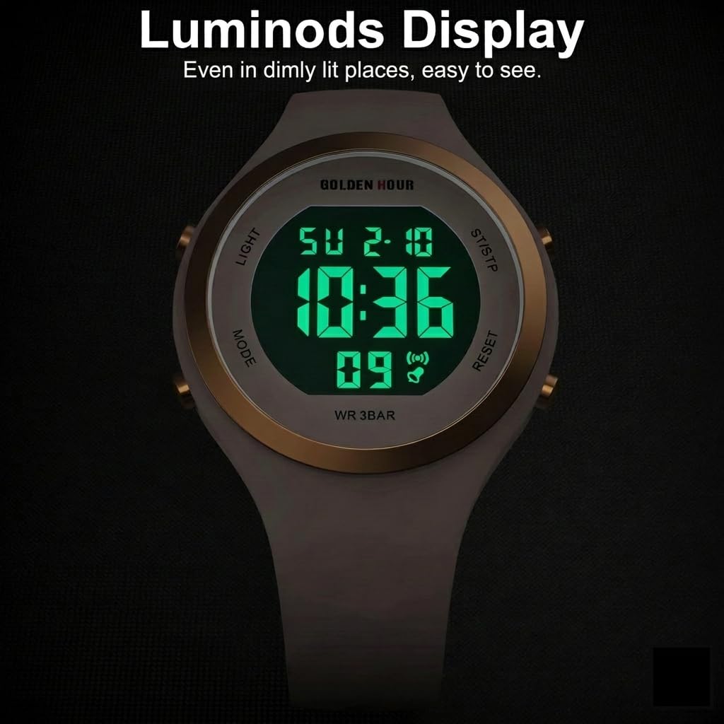 GOLDEN HOUR Reloj Digital Mujer, Resistente al Agua hasta 5 ATM, Deportivo, cronógrafo, Correa de Silicona, Reloj de Pulsera para Mujer con Fecha, Esfera Luminosa de fácil Lectura