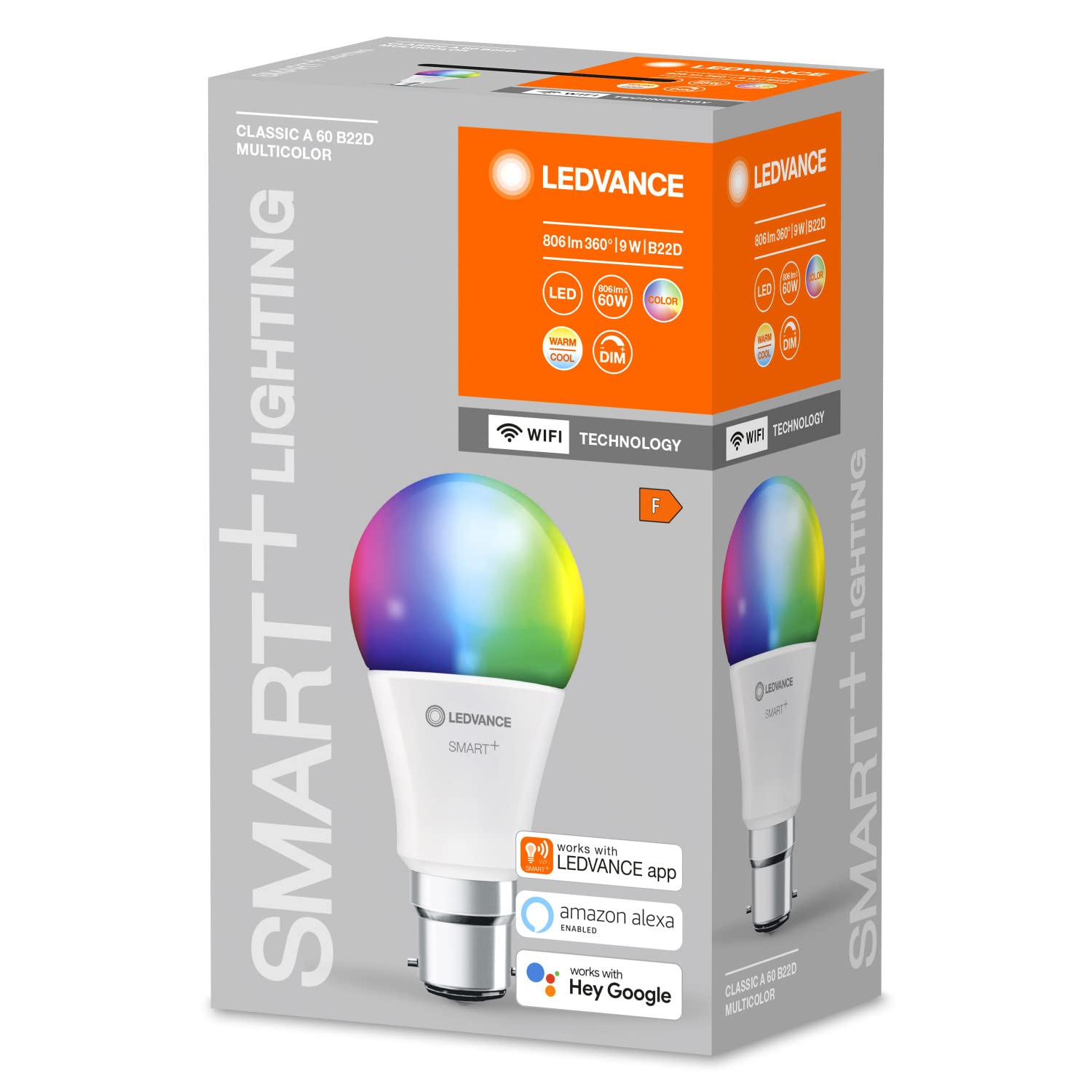LEDVANCE Smarte LED-Lampe mit WiFi Technologie, Sockel B22d, Dimmbar, Lichtfarbe änderbar (2700-6500K), RGB Farben änderbar, ersetzt Glühlampen mit 60 W, SMART+ WiFi Classic Multicolour, 4er-Pack