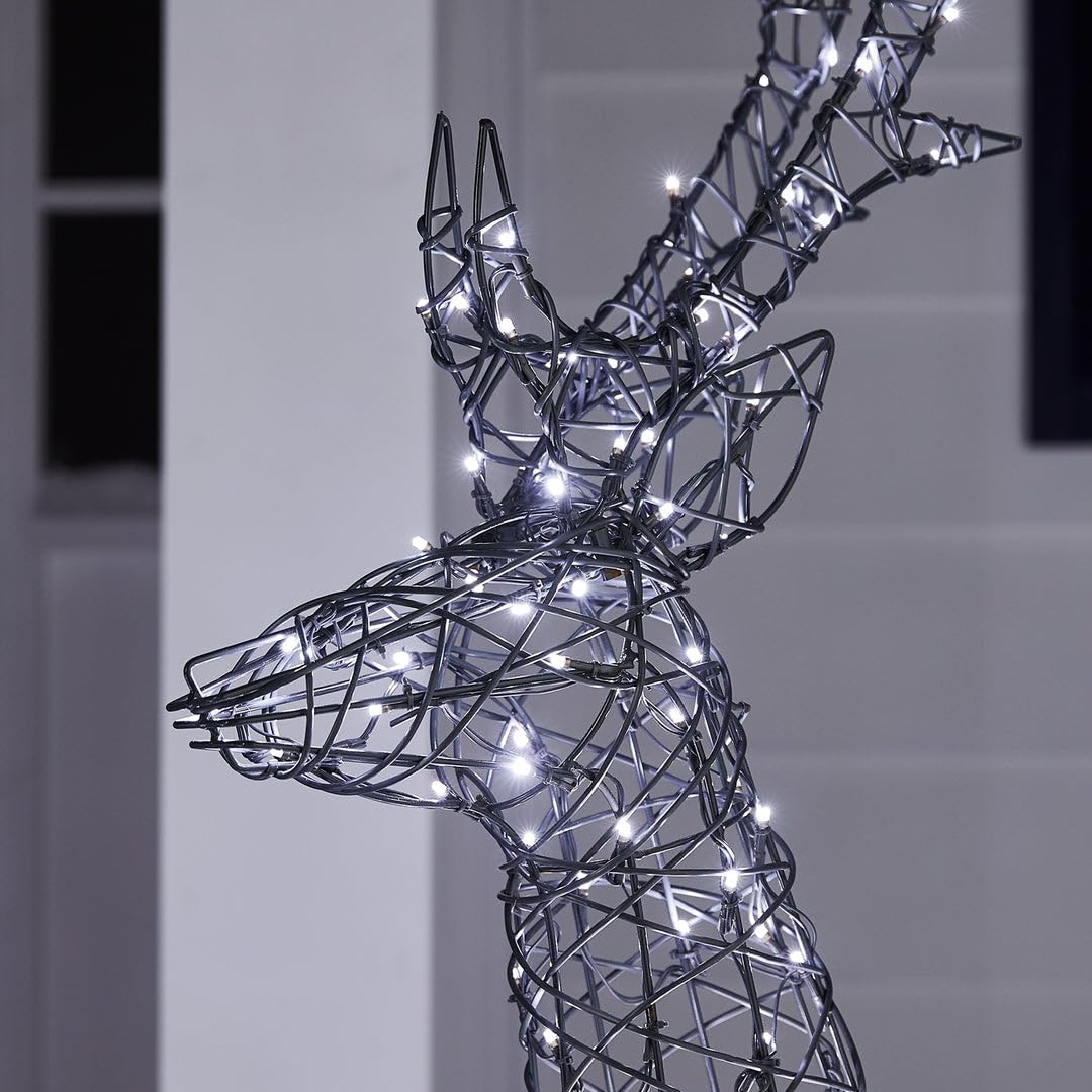 Lights4fun Springender Harlow 3-in-1 LED-Rattan Rentier Figur Hirsch | Solarbetrieben | Timer, Fernbedienung | Weihnachtsbeleuchtung für außen Weihnachtsdeko | Höhe 146 cm