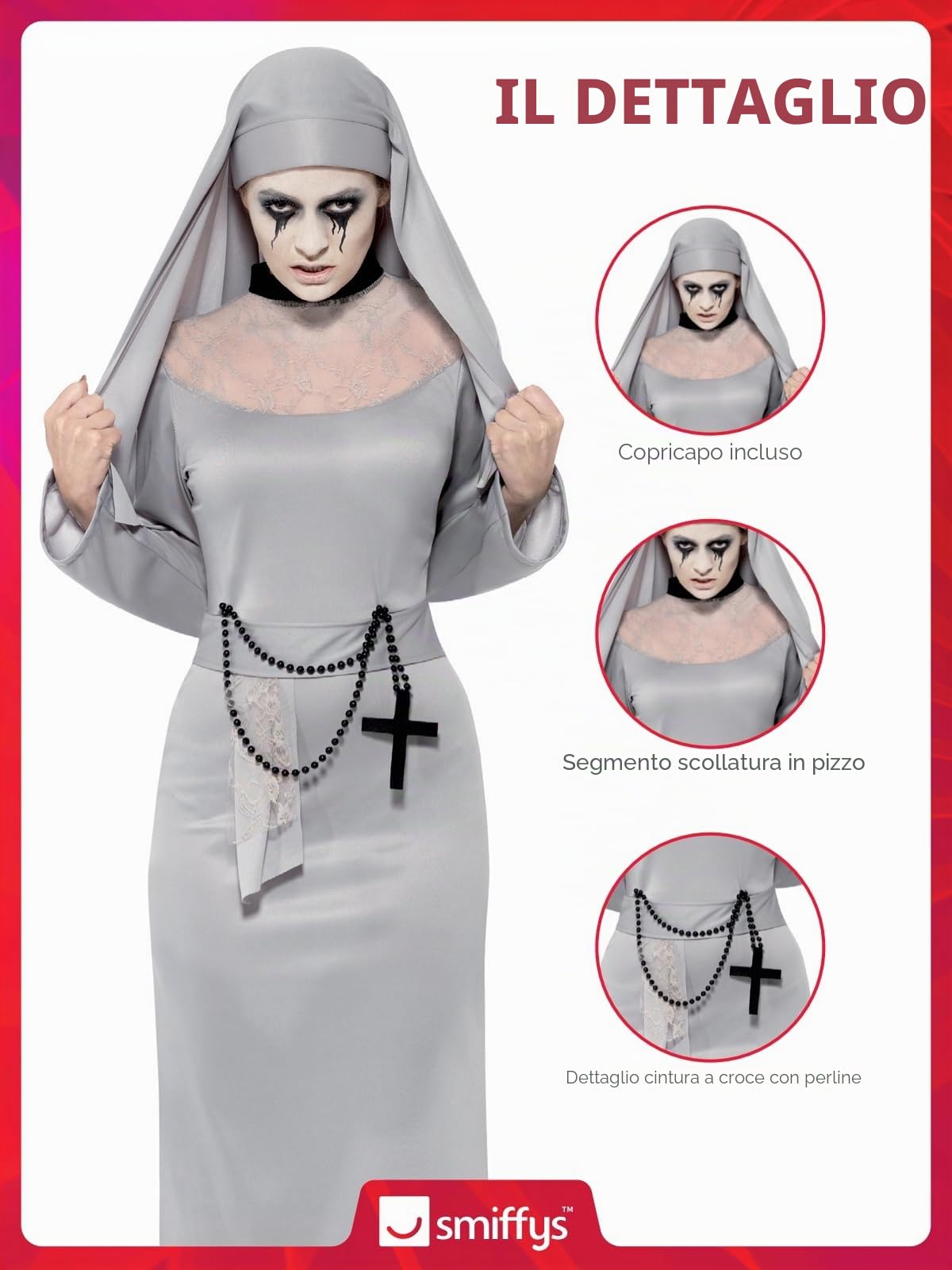 Smiffys Gothic Nun Costume, Grey with Dress & Headpiece, Halloween Adult Fancy Dress, Nun Dress Up Costumes