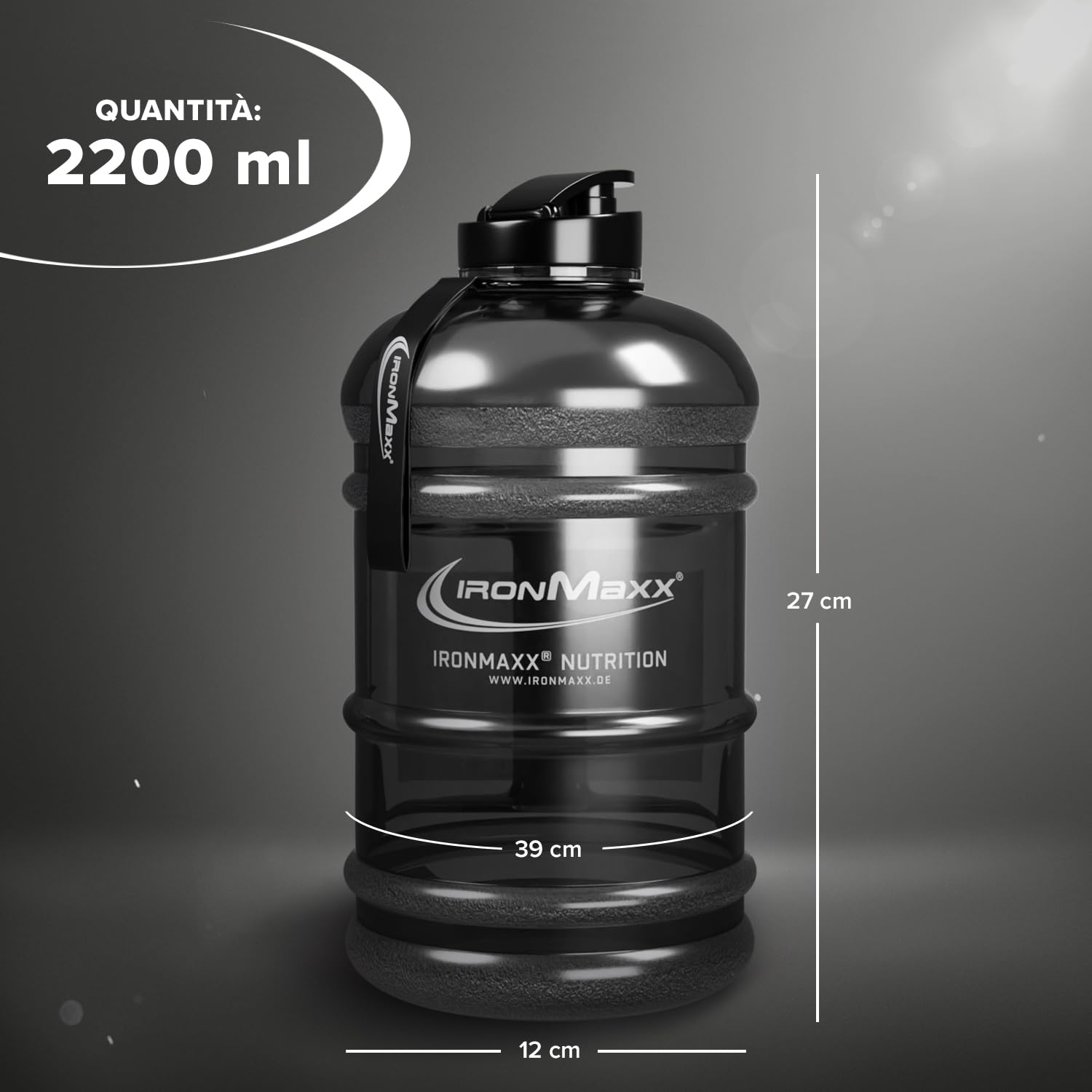 IronMaxx Water Gallon - Borraccia da 2200 ml a Prova di Perdite - Priva di BPA - Adatta per lo Sport - Grigio