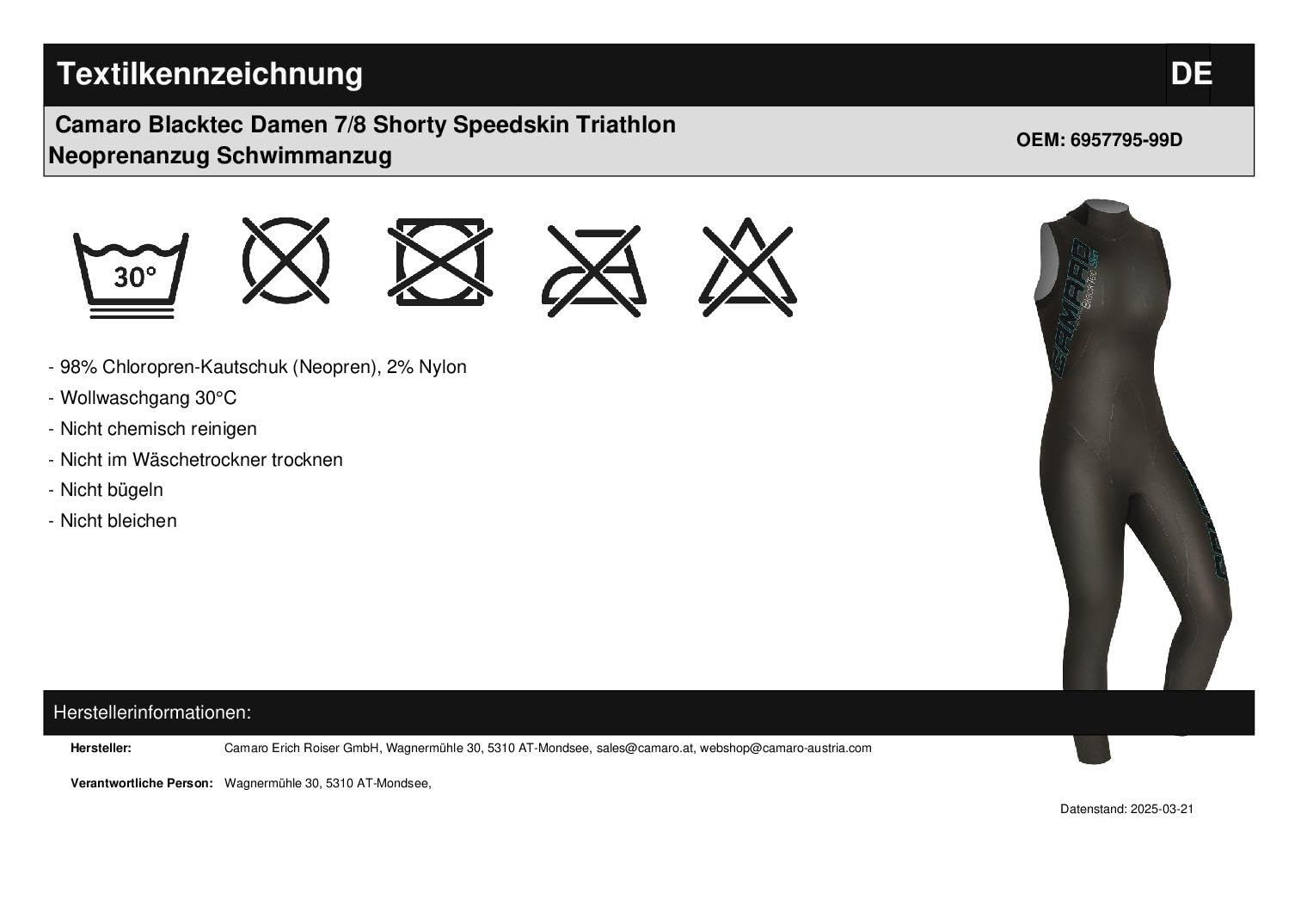Camaro Blacktec Damen 7/8 Shorty Speedskin Triathlon Neoprenanzug Schwimmanzug