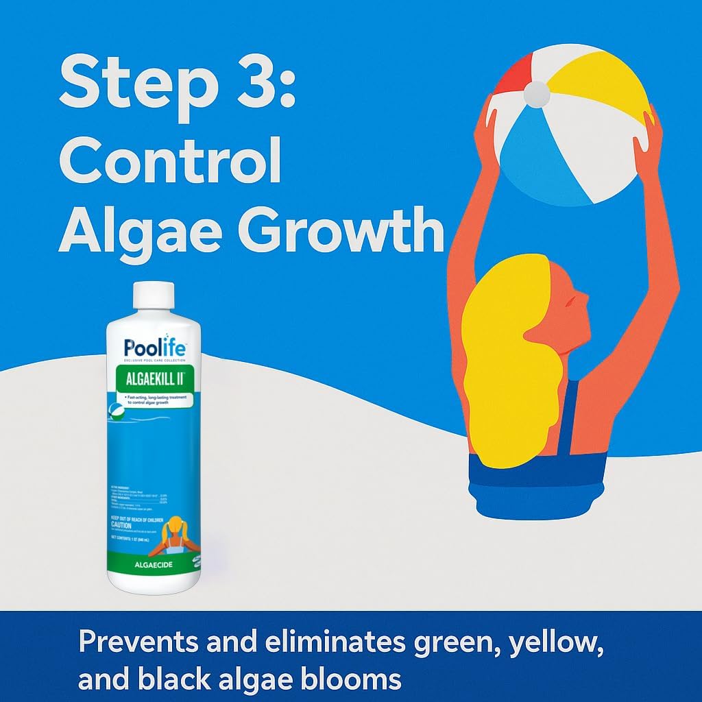 Poolife Basic Start-Up Pool Bundle – 1 lb TurboShock, Clarifier, AlgaeKill II, Stain Preventer – with My Garden Pool Skimmer Socks, Scum Sponge & 7-in-1 Pool Test Strips (20 ct)