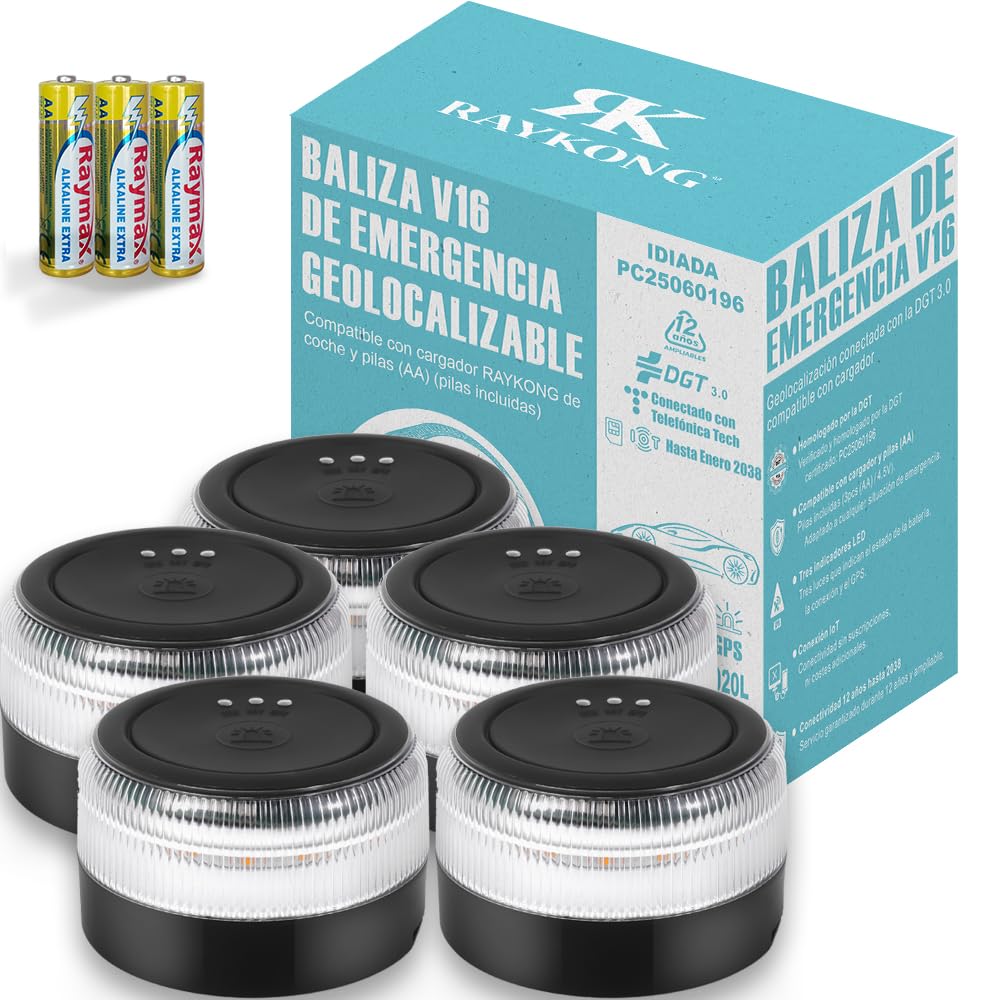 RAYKONG Baliza V16 Geolocalización DGT 3.0 | 2ª Generacion con indicadores LED | Luz Emergencia Coche - Moto Homologado por DGT | SIM y Datos Pagados hasta 2038 | 5 Unidades