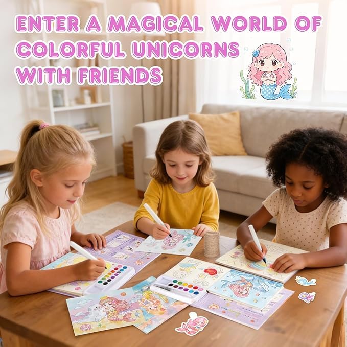 Image of MASTANO Watercolor Painting and Doodle Set for Kids - DIY Graffiti Coloring Note-Book Magic Books with Pigments and Paper, Suitable for Kindergarten and Kids Art Projects with Color (Little Mermaid)