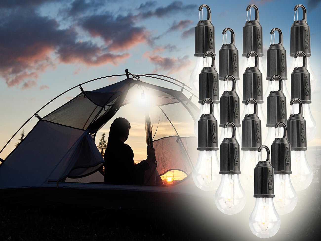Lunartec Campinglampe: 16er-Set LED-Akku-Glühbirnen mit je 120 Lumen, 400 mAh, USB-Ladung (wiederaufladbare Kabellose Lampen, Campinglampe Akku, Angeln)