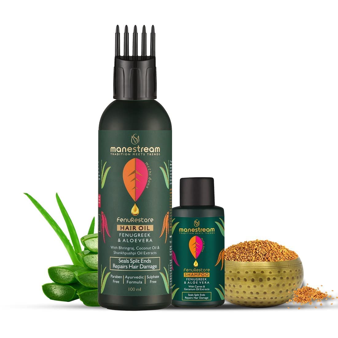 Fenurestore Ayurvedic Hair Oil with Fenugreek, Bhringraj & Aloe Vera Dull & Damaged Hair | Free Mini Shampoo 30ml - Pack of 2-image-9
