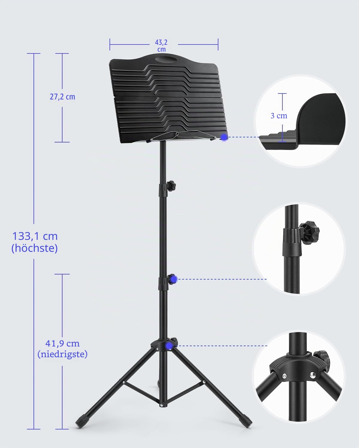Donner Notenständer Faltbarer Reise-Metallständer Verstellbar DMS-1 mit Tragetasche, drehbares aufladbares Musiklicht und Clip-Halterung, tragbarer Projektorständer, Laptop-Ständer, Musikordner