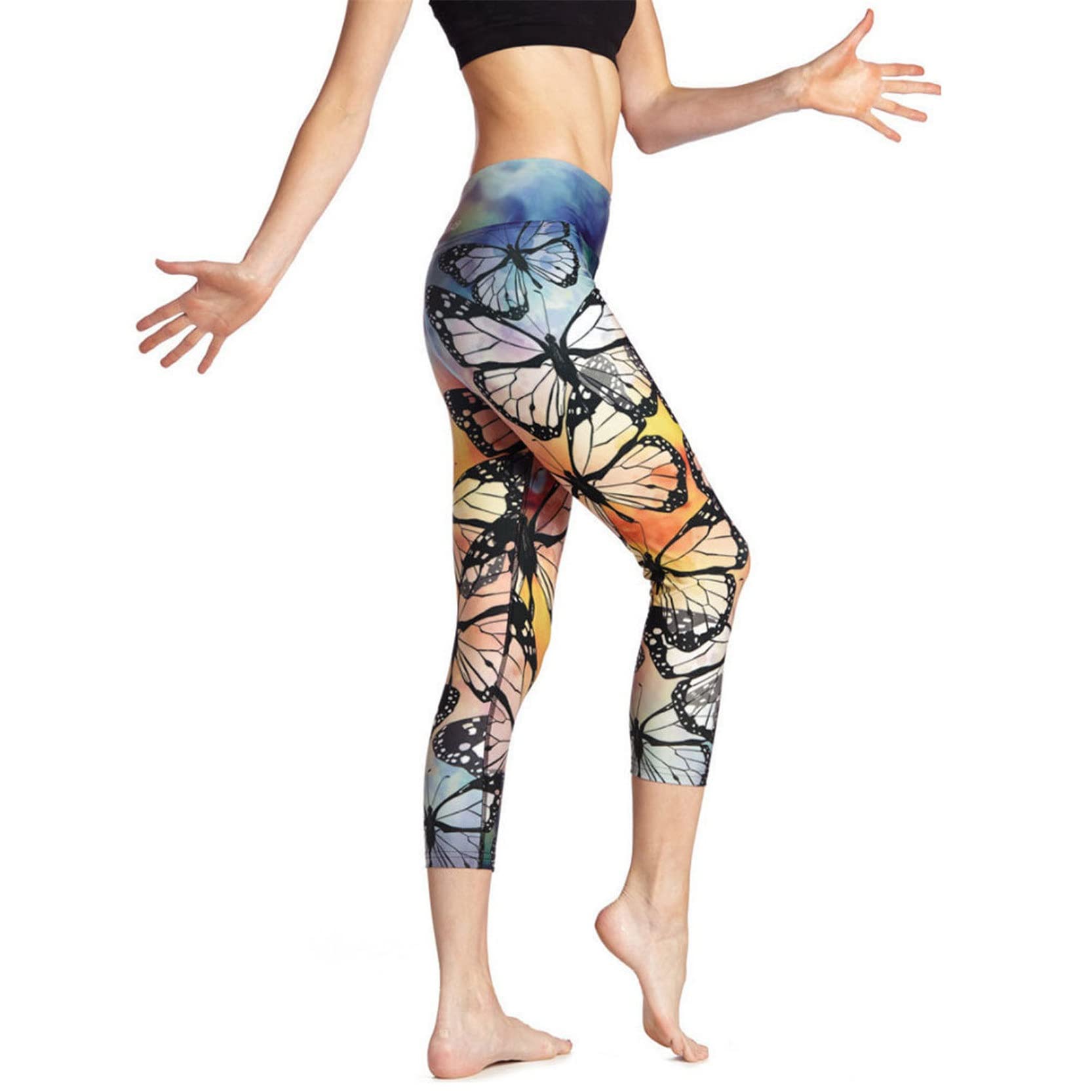 Damen Leggings Laufhose Fitness Yogahose, Damen Hohe Taille Schmetterling Druck Yoga Capri Leggings Strumpfhosen Bauchsteuerung 3/4 Länge Skinny Crop Hosen Stretch Croppte Hose Sports Running Workout