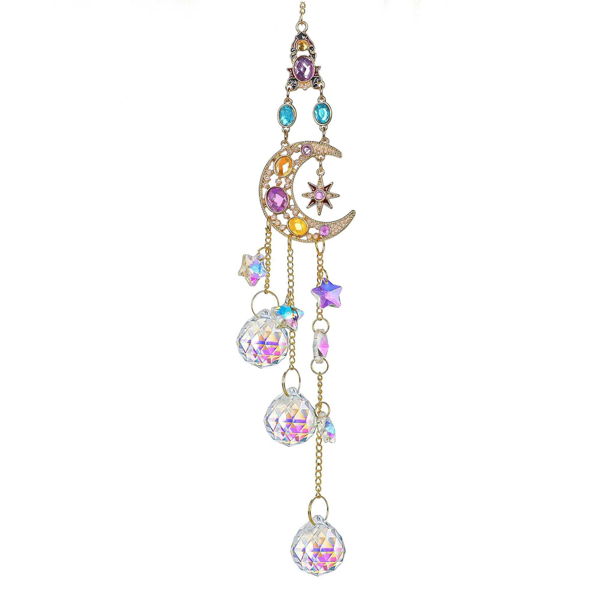 H&D HYALINE & DORA Handmade Crystal Moon&Star Prisms Suncatchers, Glass Window Hanging Ornament, Rainbow Rhinestones Decor for Home Garden Imitation Jewellery