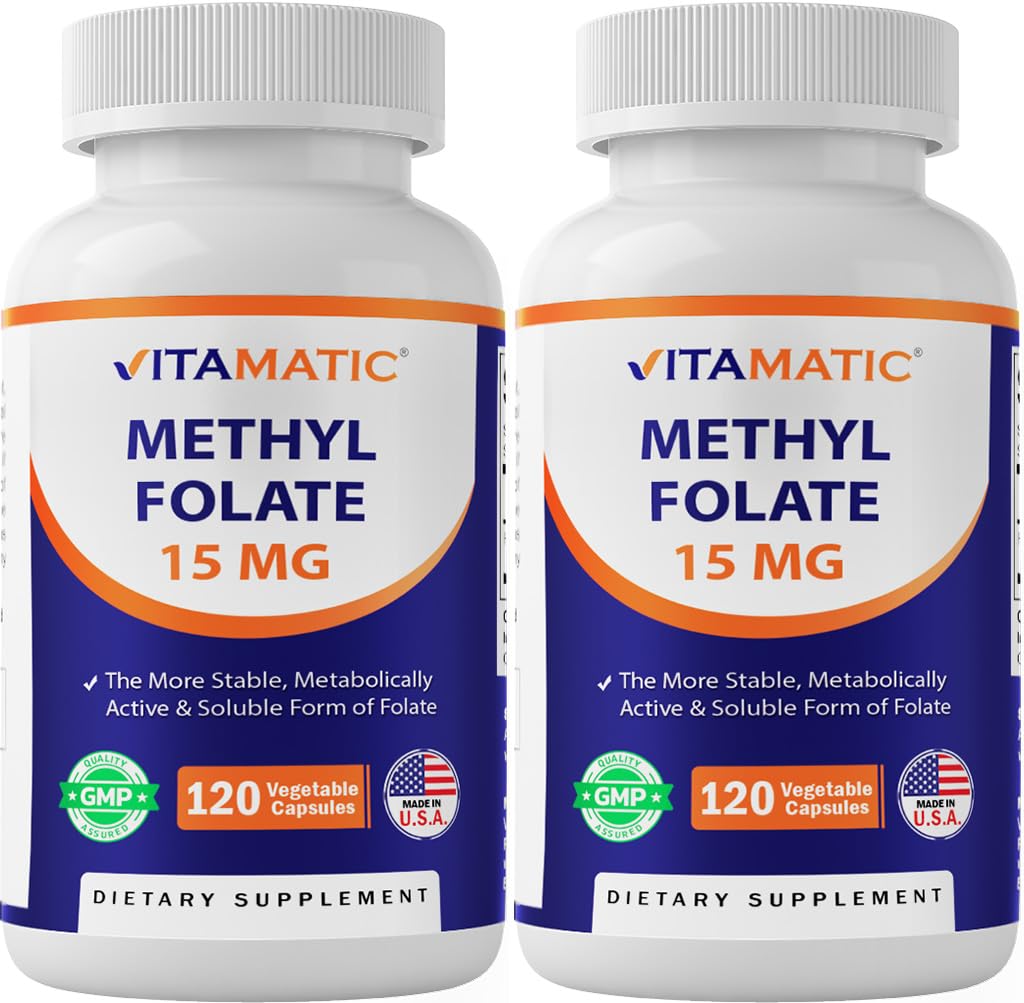 Vitamatic Methyl Folate 15mg – 120 Vegetable Capsules - 2 Pack Optimized and Activated High Potency – Metabolically Active Folate