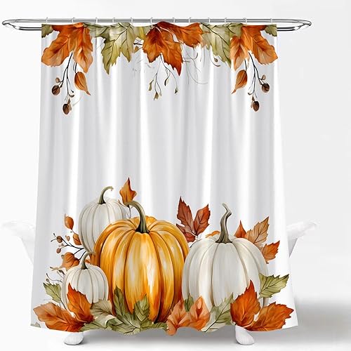 Cortina de ducha de otoño, hojas de arce, cosecha de Acción de Gracias, calabaza, bohemio, acuarela, floral, rústica, granja, cortina de baño con