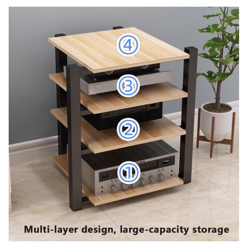 Plattenspieler mit 4 Ebenen, AV-Media-Tower, bodenstehendes Audio-Rack, Eck-Media-Center, Stereo-Schrank aus Holz und Stahl (Schwarz Walnuss, 4 Ebenen)