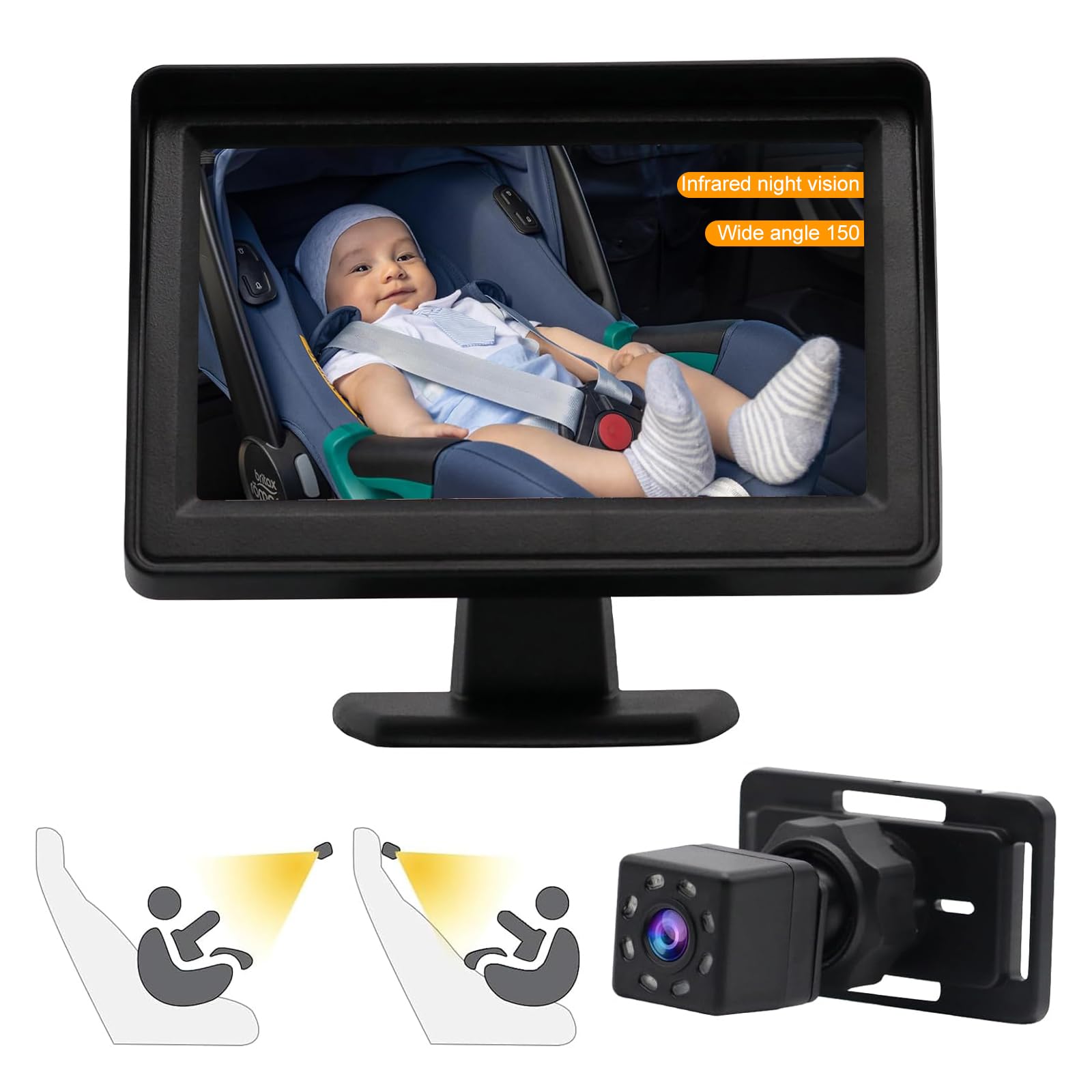 OBEST Cámara de Espejo para bebé 1080P, Espejo Trasero para automóvil de Alta definición de 4.3 Pulgadas, Gran Angular de 150 °, Espejo para bebé de visión Nocturna Ajustable