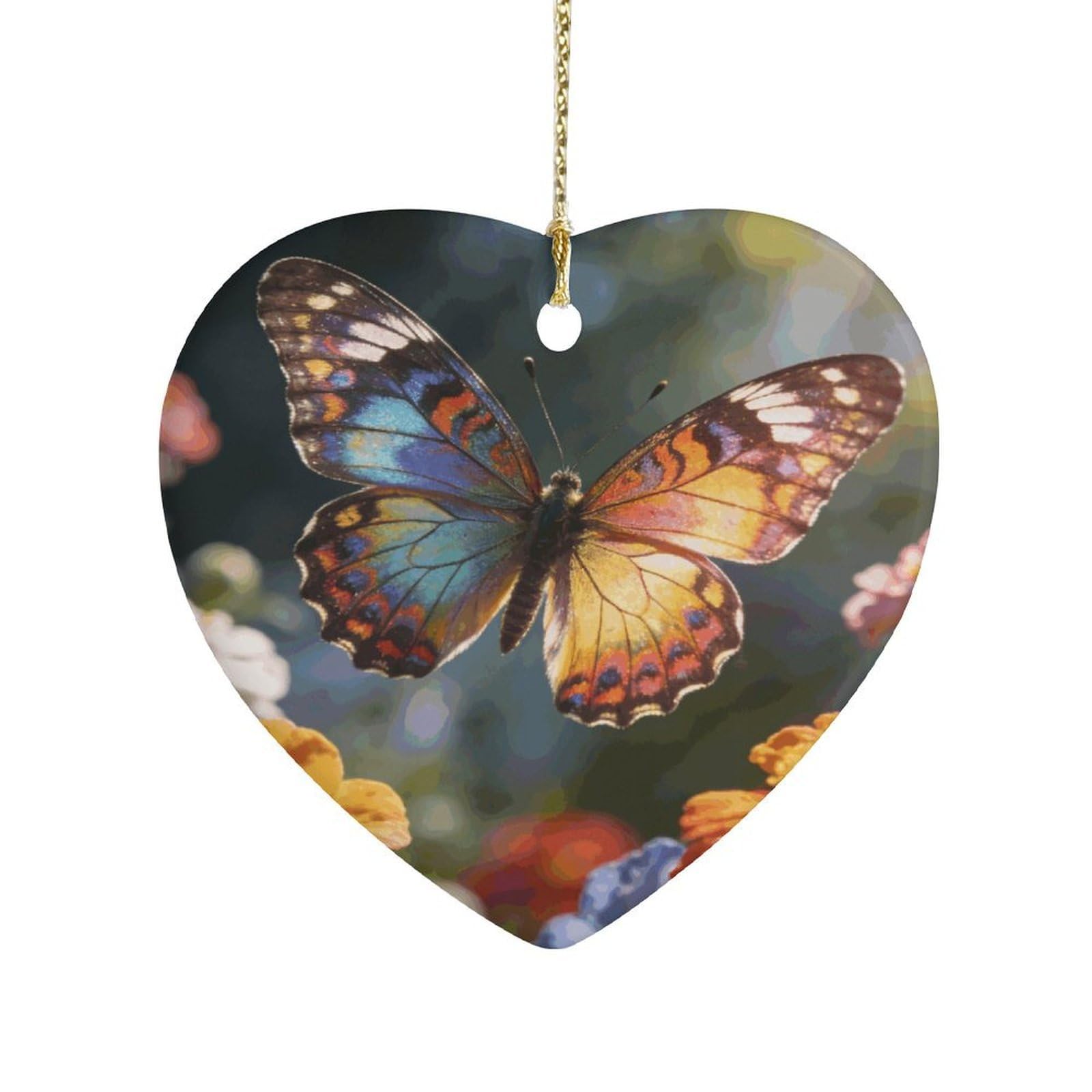 Khauerbc Style Butterflyheart Shaped Ceramic Ornament With String,Ceramic Ornament,Two-Sided Printed For Christmas Tree And Holiday Decoration