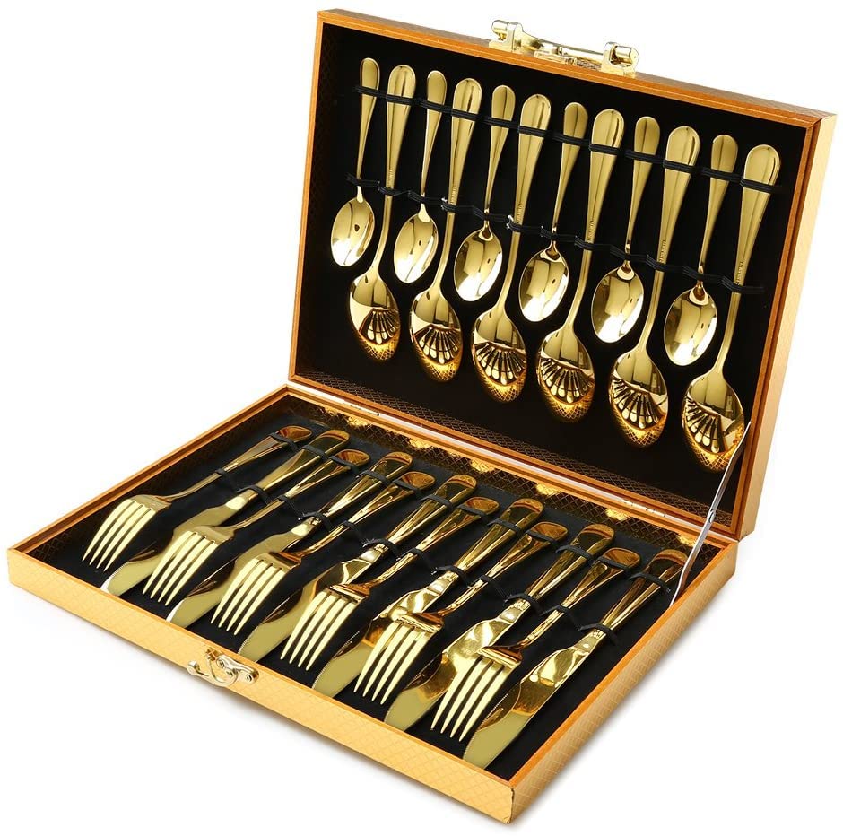 24pcs Luxury Cutlery Set Stainless Steel Knife Spoon Fork Tea Spoons Wedding D.I.L (24PC Gold Spoon Set)