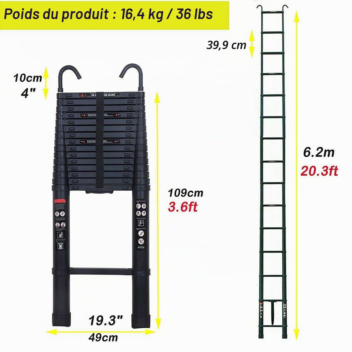 Échelle télescopique de 6,2 m/20,34 ft avec Crochet de Toit Amovible Multi-Usage échelle Noire Pliable en Aluminium Haute échelle télescopique Extension échelle Pliable