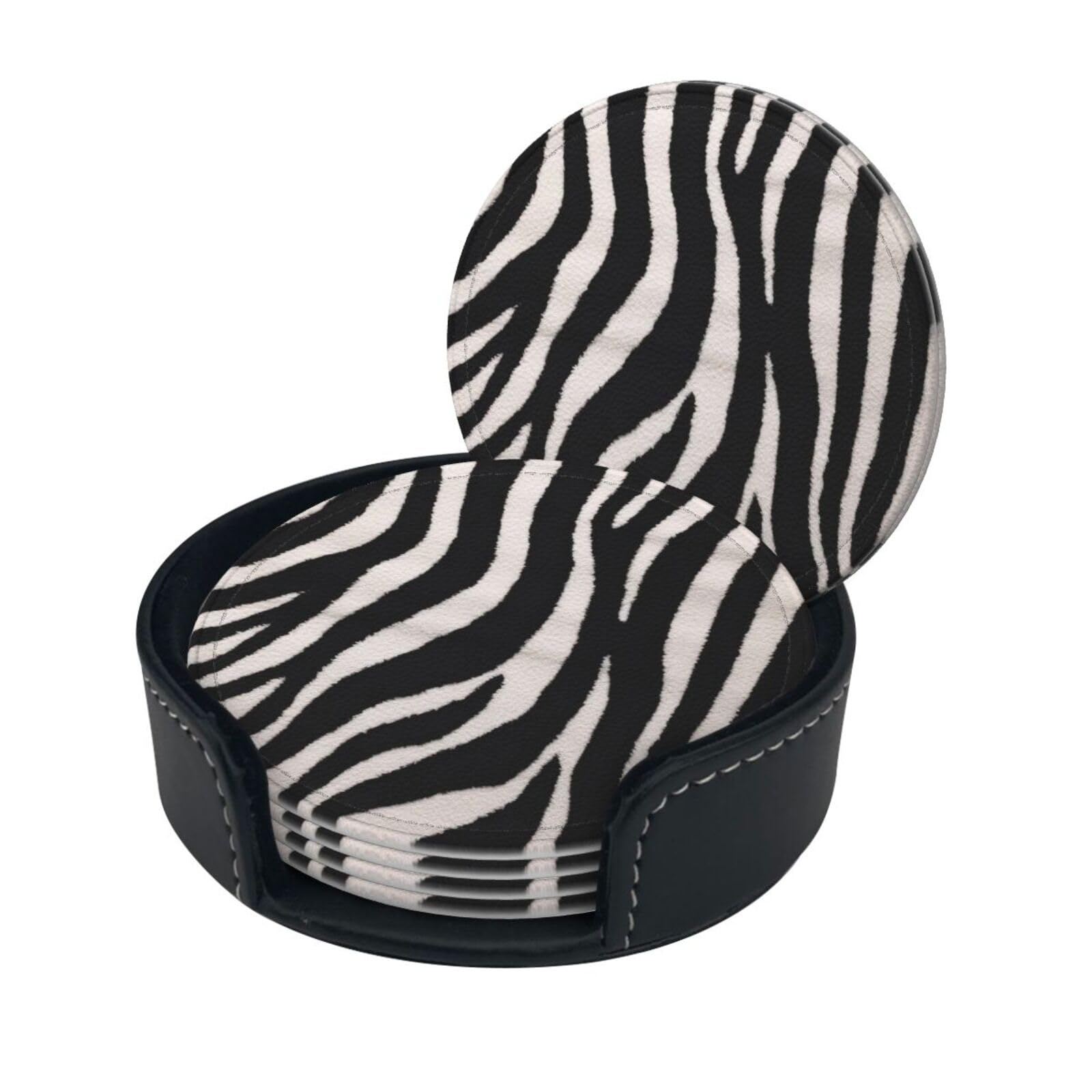 Smazdfxx Women's As Pic Stylish Coasters - Zebra Animal Set Of 6 Round Leather Drink Coasters With Holder - Perfect Size For Cups And Glasses