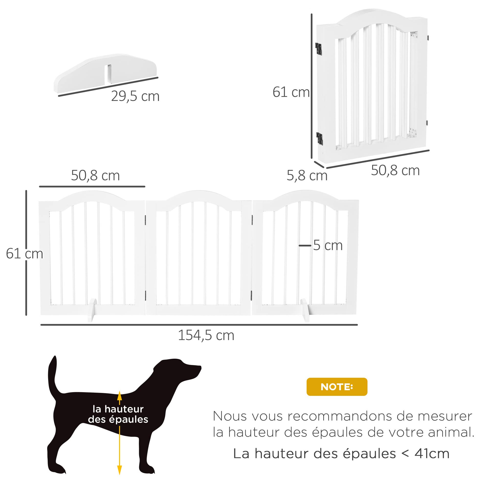 PawHut Barrière de sécurité barrière modulable Pliable pour Animaux de Compagnie avec Pied de Support MDF Bois Massif 154,5 x 61 cm Blanc
