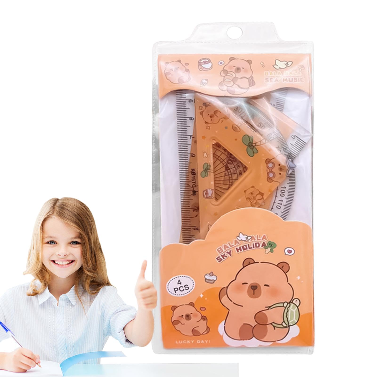 Cute Capybara Ruler Set - Geometry Protractor Set, Triangle Measuring Tools | 4X Math Instrument Set With Precise Angle Measurement, Reliables